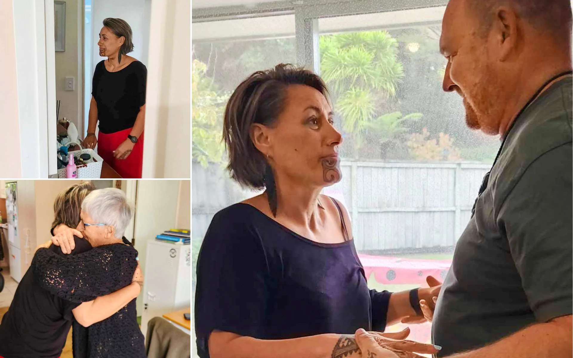 A collage of Jenny-May revealing her new kauae to her mother and husband