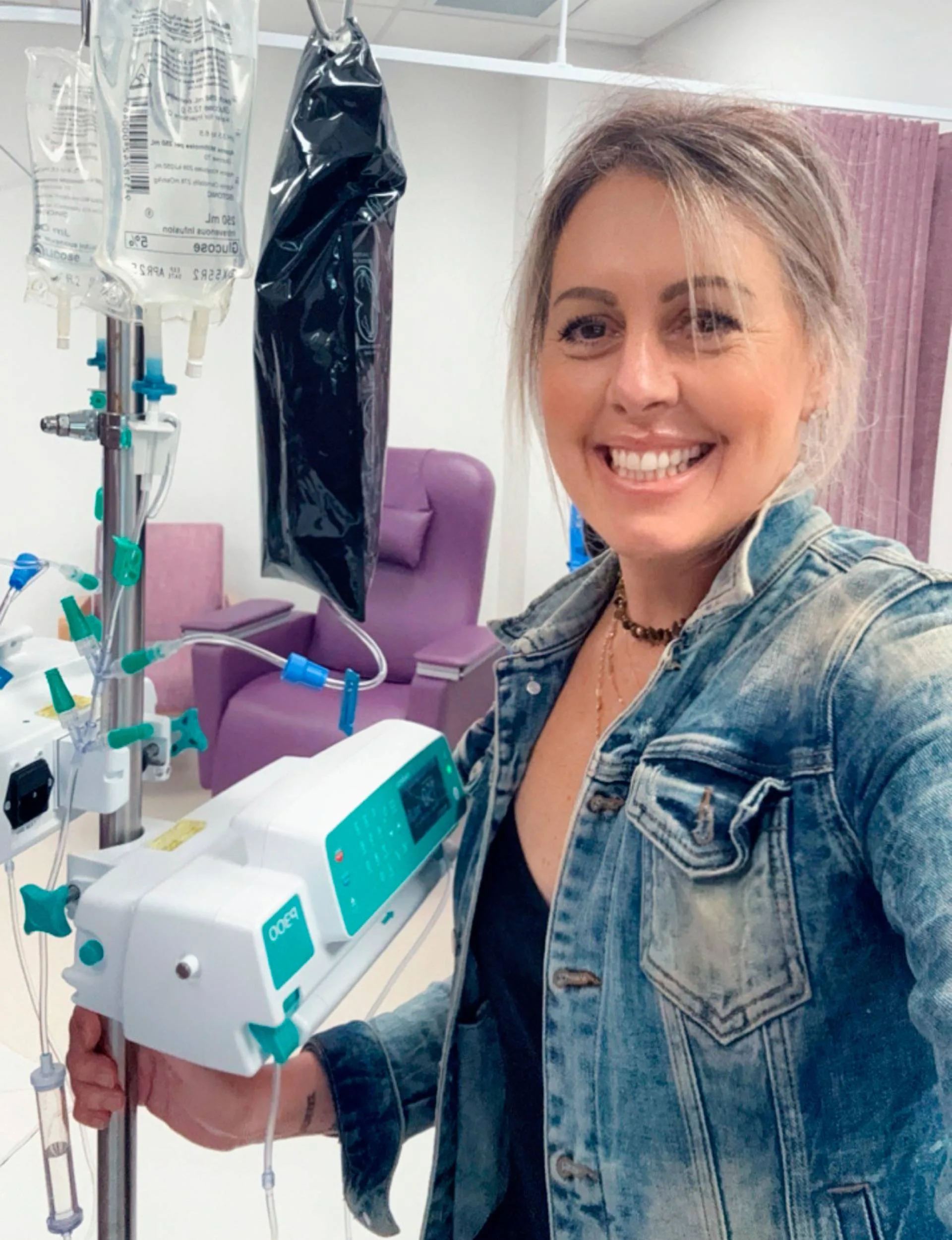 Jackie with her chemo bags and machines