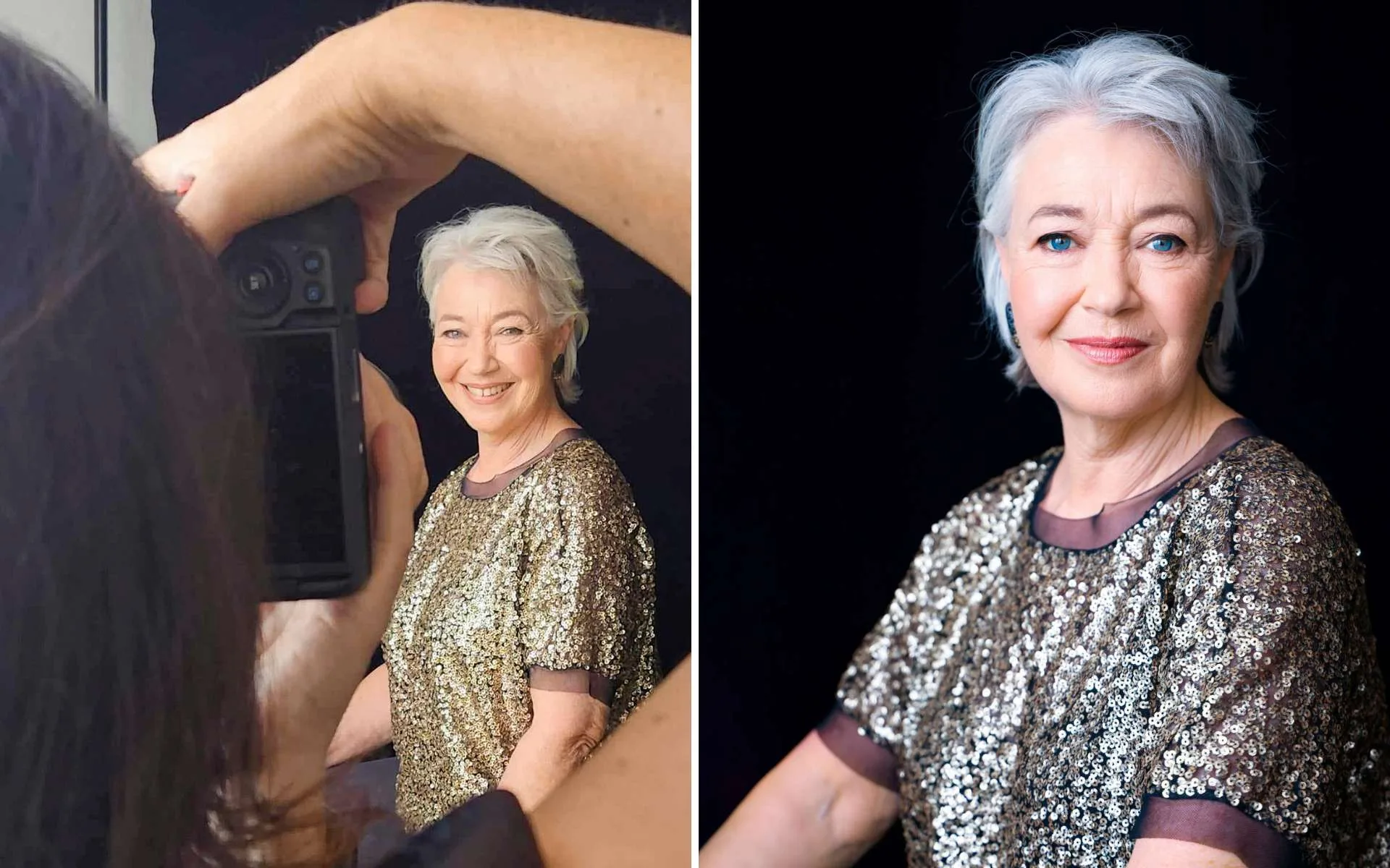 Side by side of Amanda photographing Fiona Samuel, and the edited and finished photo