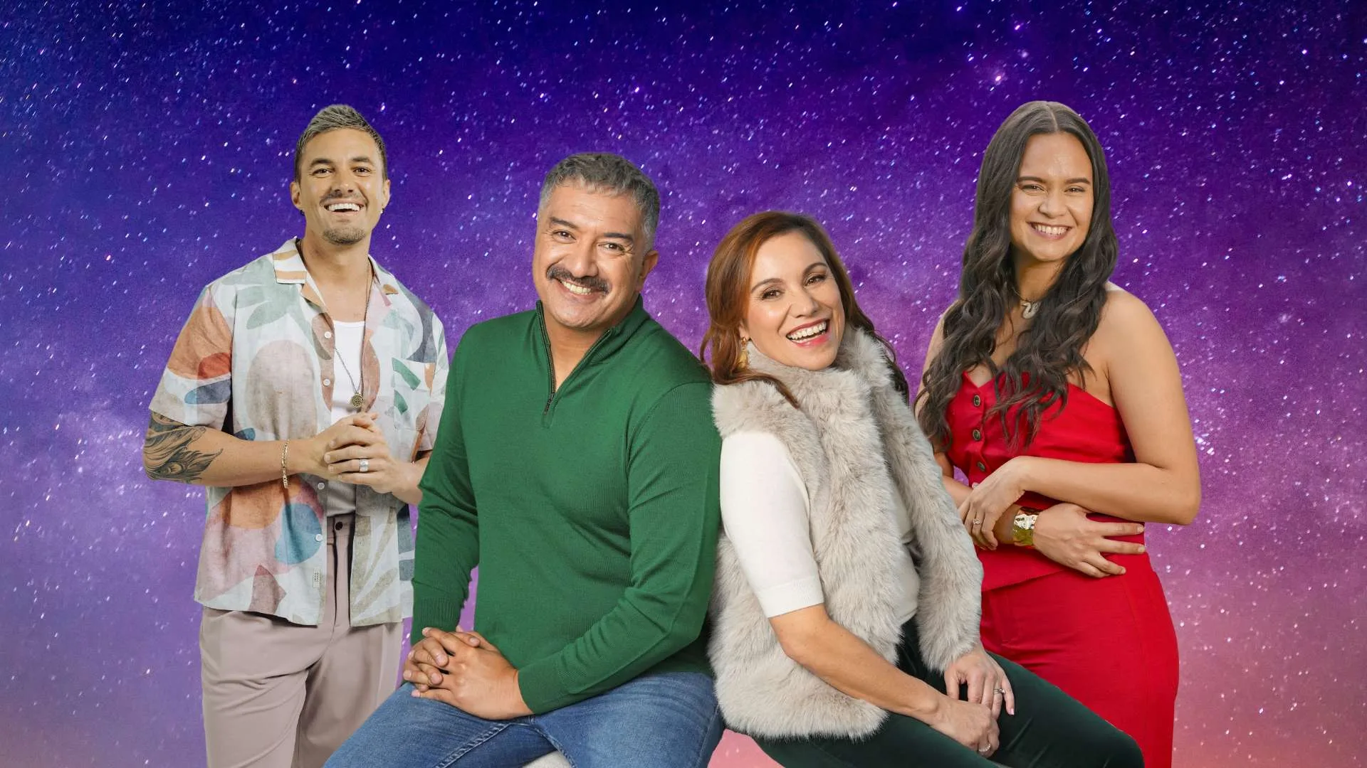 Celebrities edited into a starry background