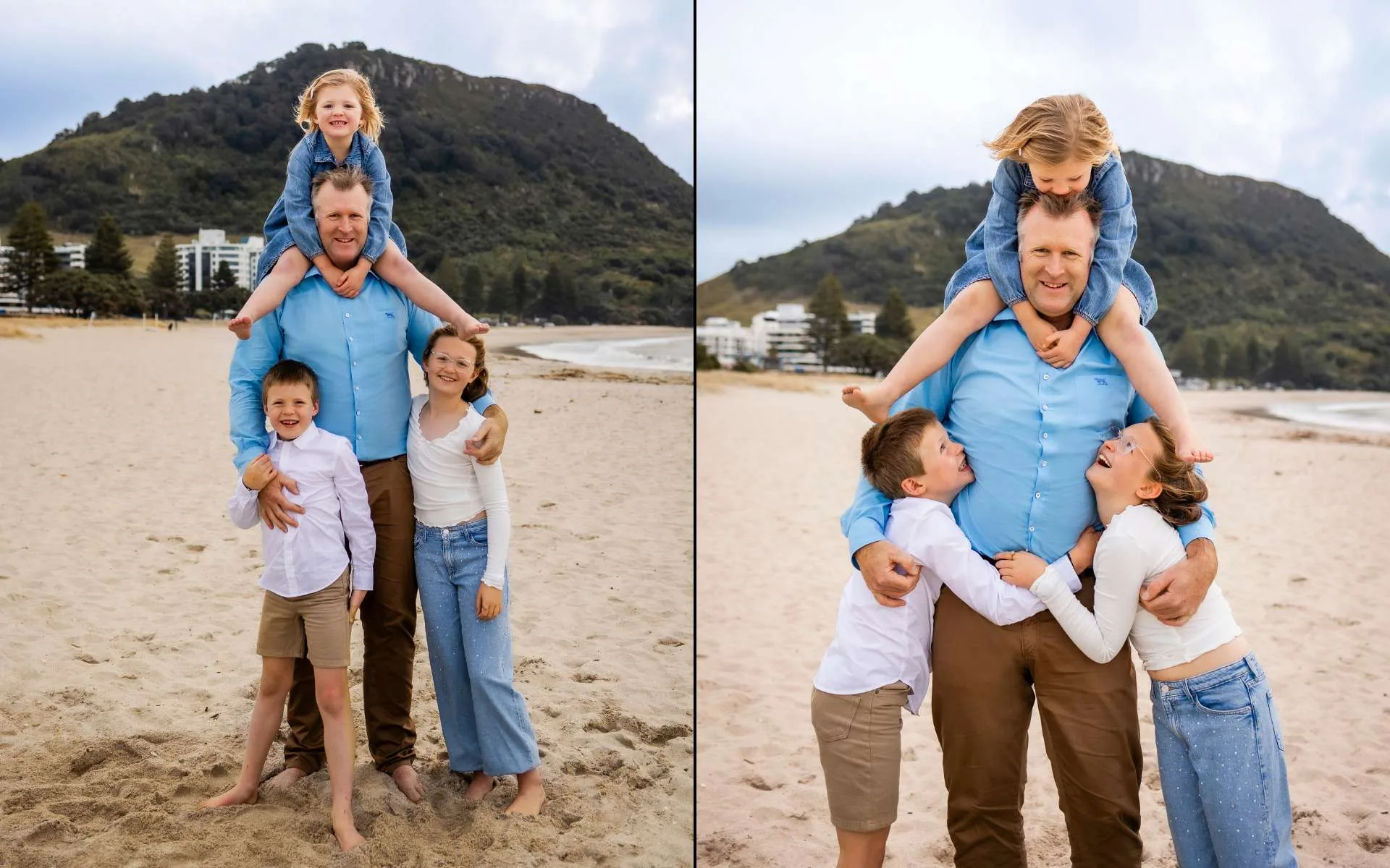 Mahé Drysdale with kids Boston and Bronte on either side of him, and youngest Frankie sitting on his shoulders