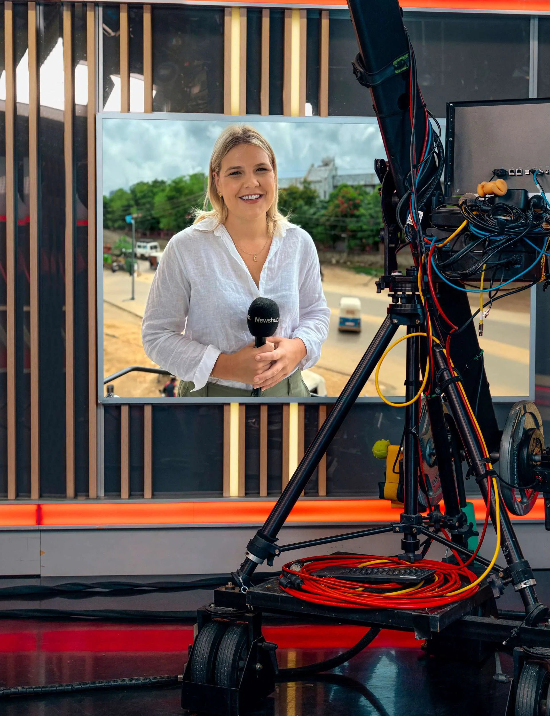 Lisette presenting on a Newshub screen