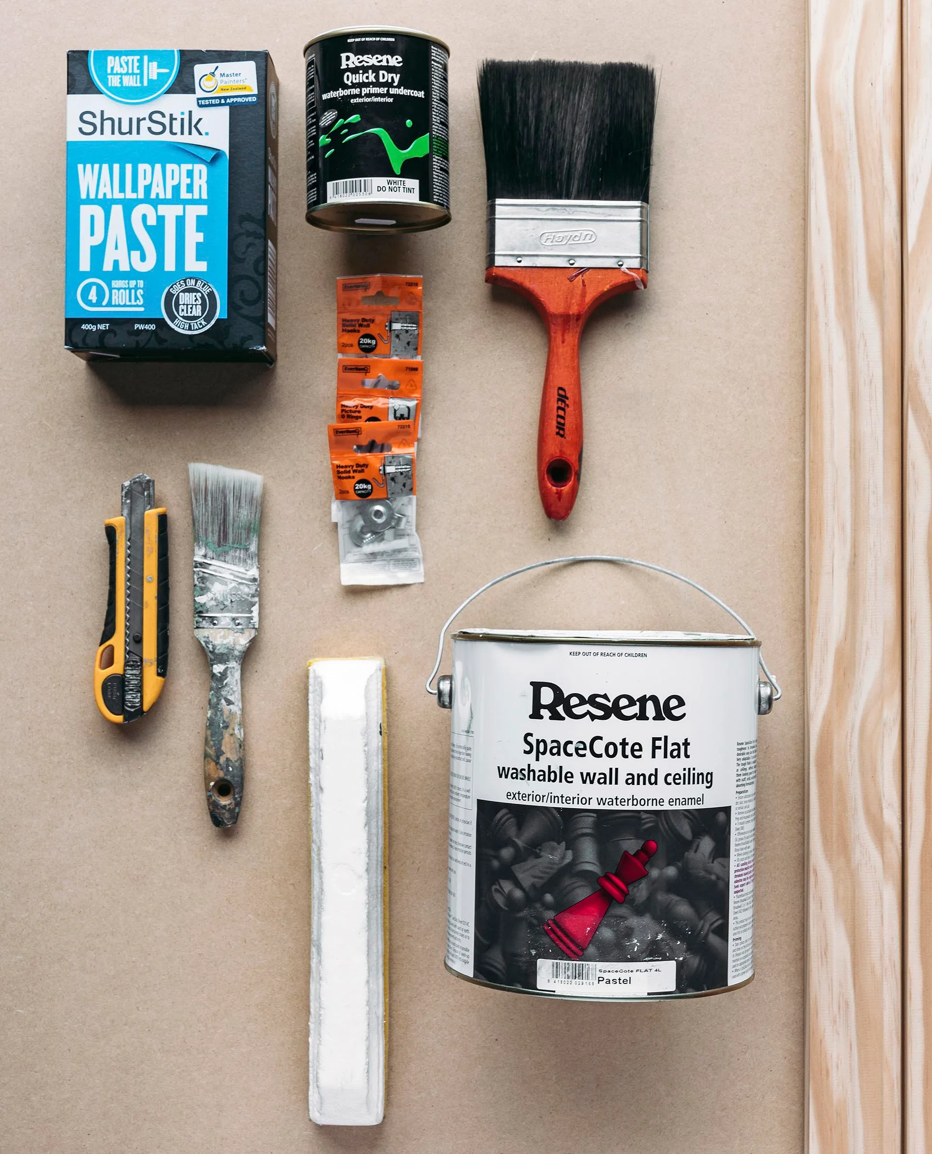 What you will need to create framed wallpaper print: wallpaper paste, Resene Quick Dry primer undercoat, brush, screws, knife cutter, Resene paint, leveller