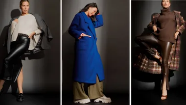 Three fashion models showcasing fall outfits: sweater with leather skirt, blue coat with wide pants, brown turtleneck with plaid coat.