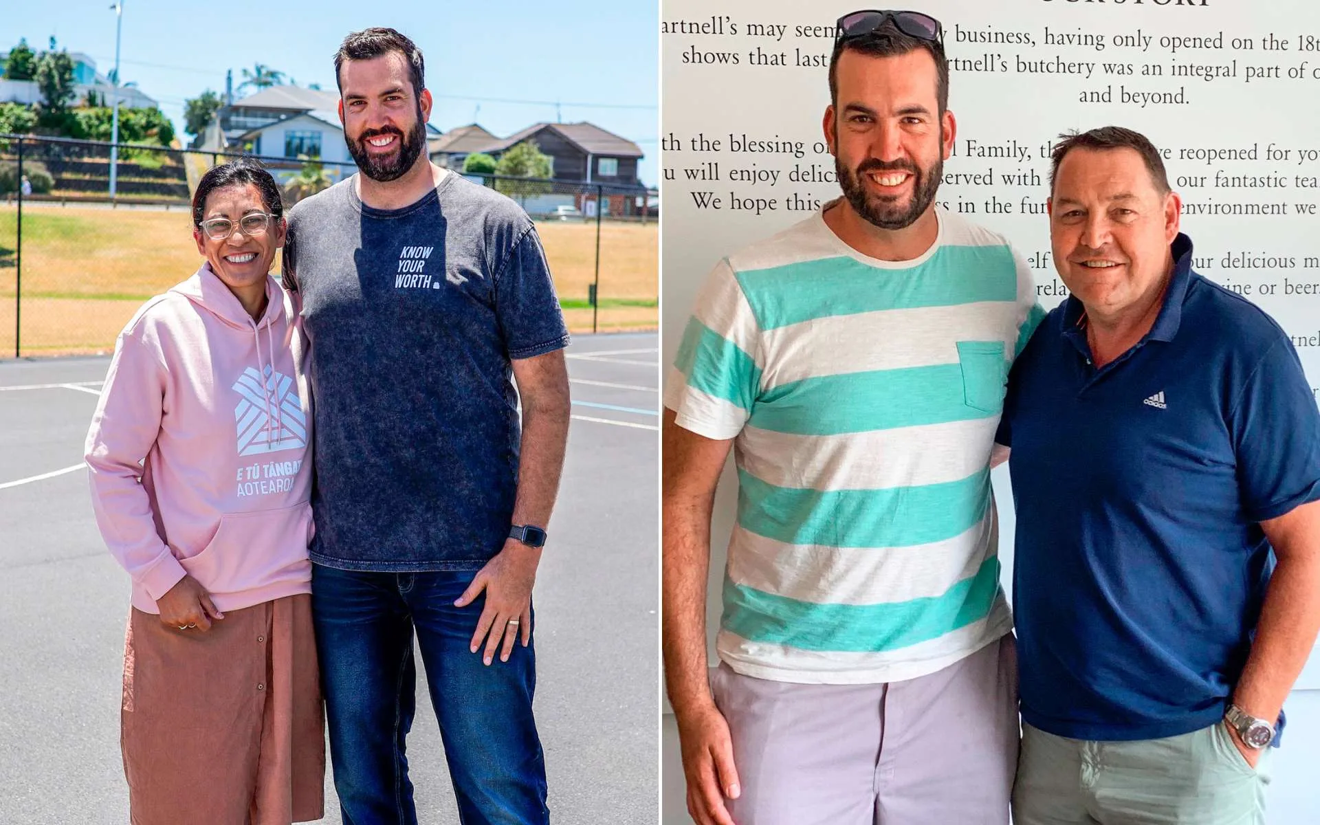 Two photos side by side. One with Steve Hansen and the other with Dame Noeline Taurua