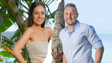 An image torn in half of MAFS stars Sam and James