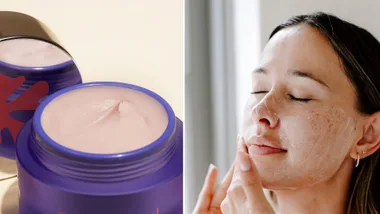 Open skincare cream jar; woman applies cream on her face, eyes closed in relaxation.