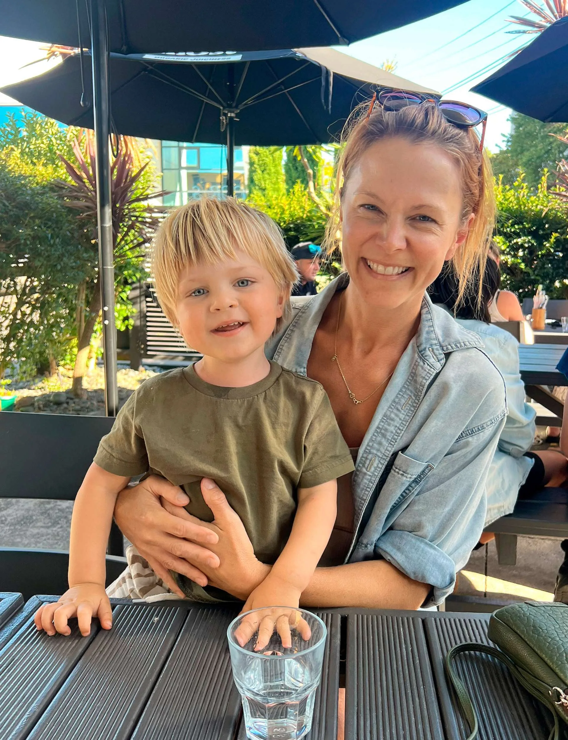 With son Ted at a picnic table