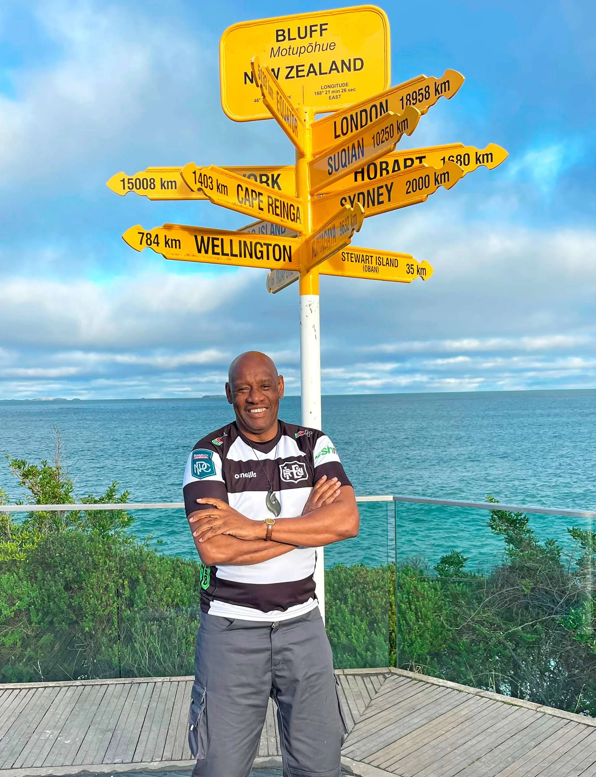 Shaun Wallace standing under the famous Bluff sign that points to many major cities in the world