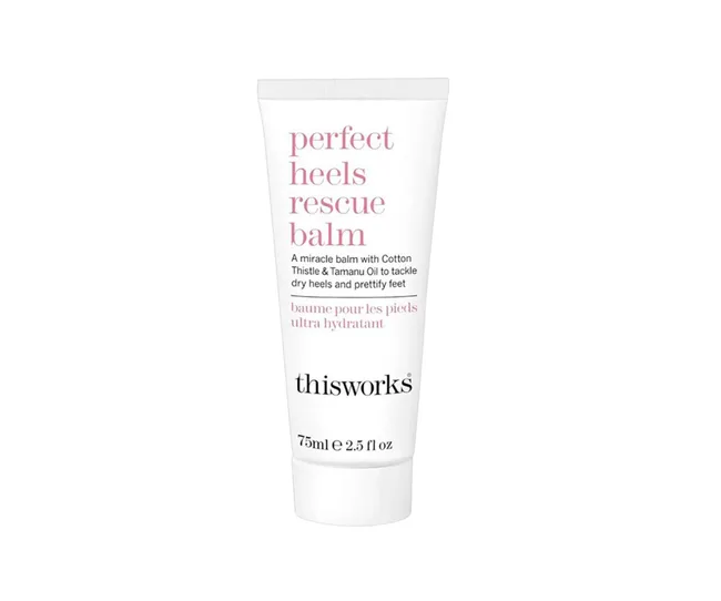 Tube of "Perfect Heels Rescue Balm" by This Works, 75ml, for moisturizing and softening dry heels.
