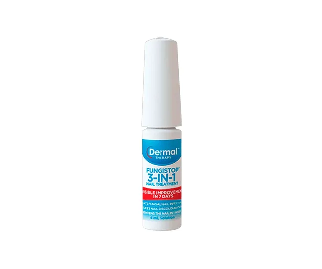 Dermal Therapy FungiStop 3-in-1 nail treatment bottle isolated on white background.
