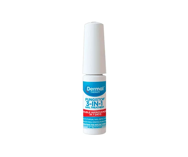 Dermal Therapy FungiStop 3-in-1 nail treatment bottle isolated on white background.