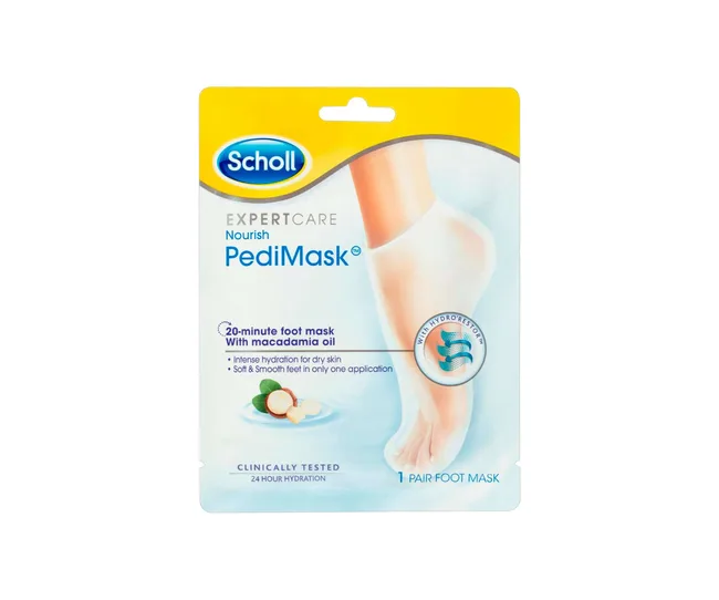 Packaging of Scholl Expert Care Nourish PediMask with macadamia oil for foot hydration and smoothness.