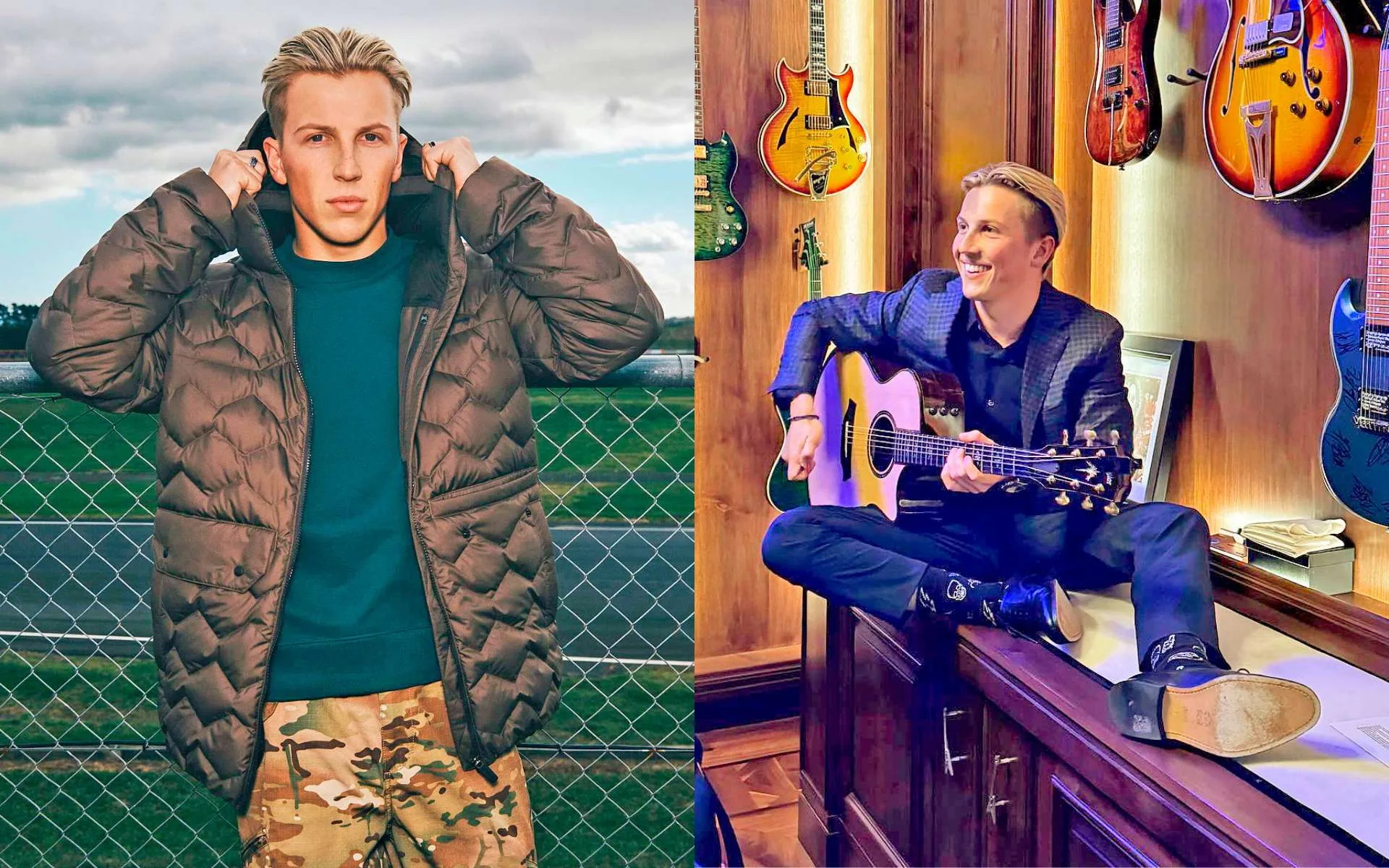 A photo of Liam Lawson modelling beside an image of him playing the guitar