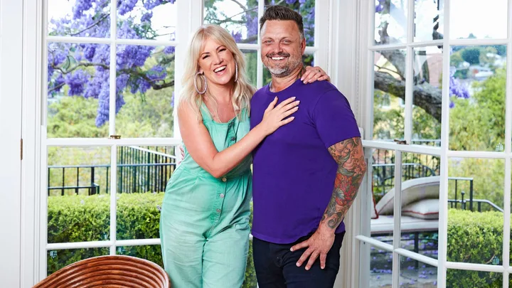 MAFS stars Tim ad Lucinda laughing together at a Woman's Day photoshoot
