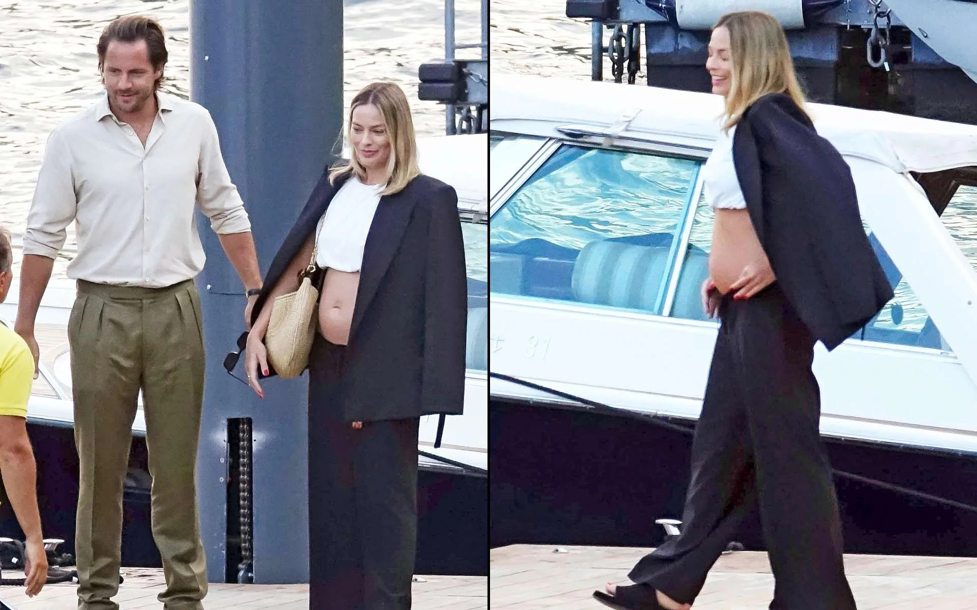 Two images side by side of Margot Robbie standing on a wharf with her pregnant belly out