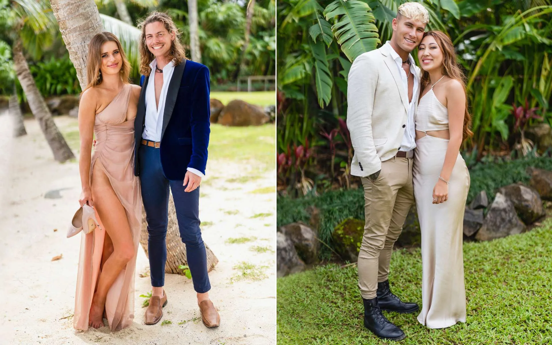 Two images side-by-side of the couples that are still together after FBoy Island NZ