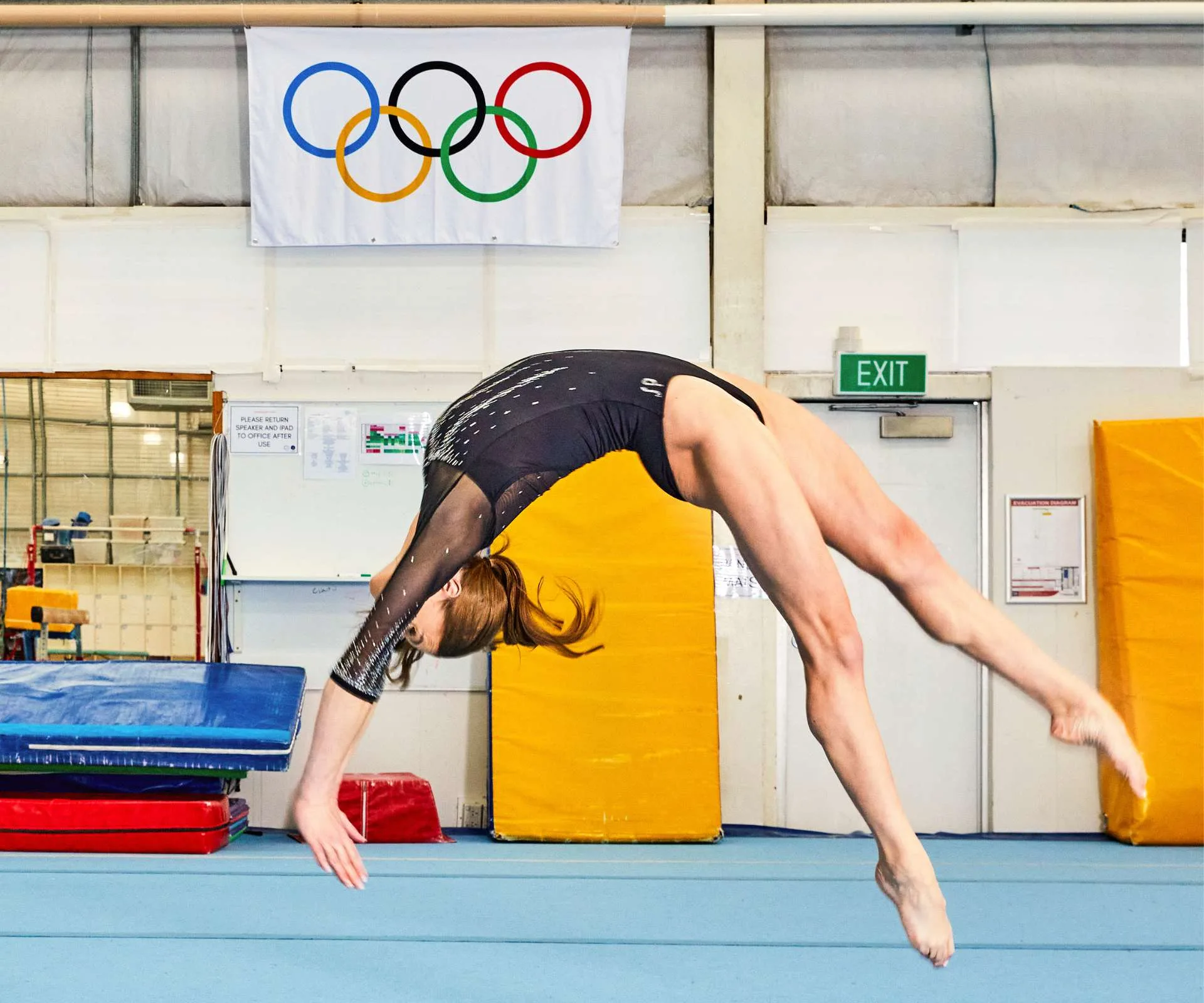 An action shot of Georgia-Rose mid-way through her floor routine