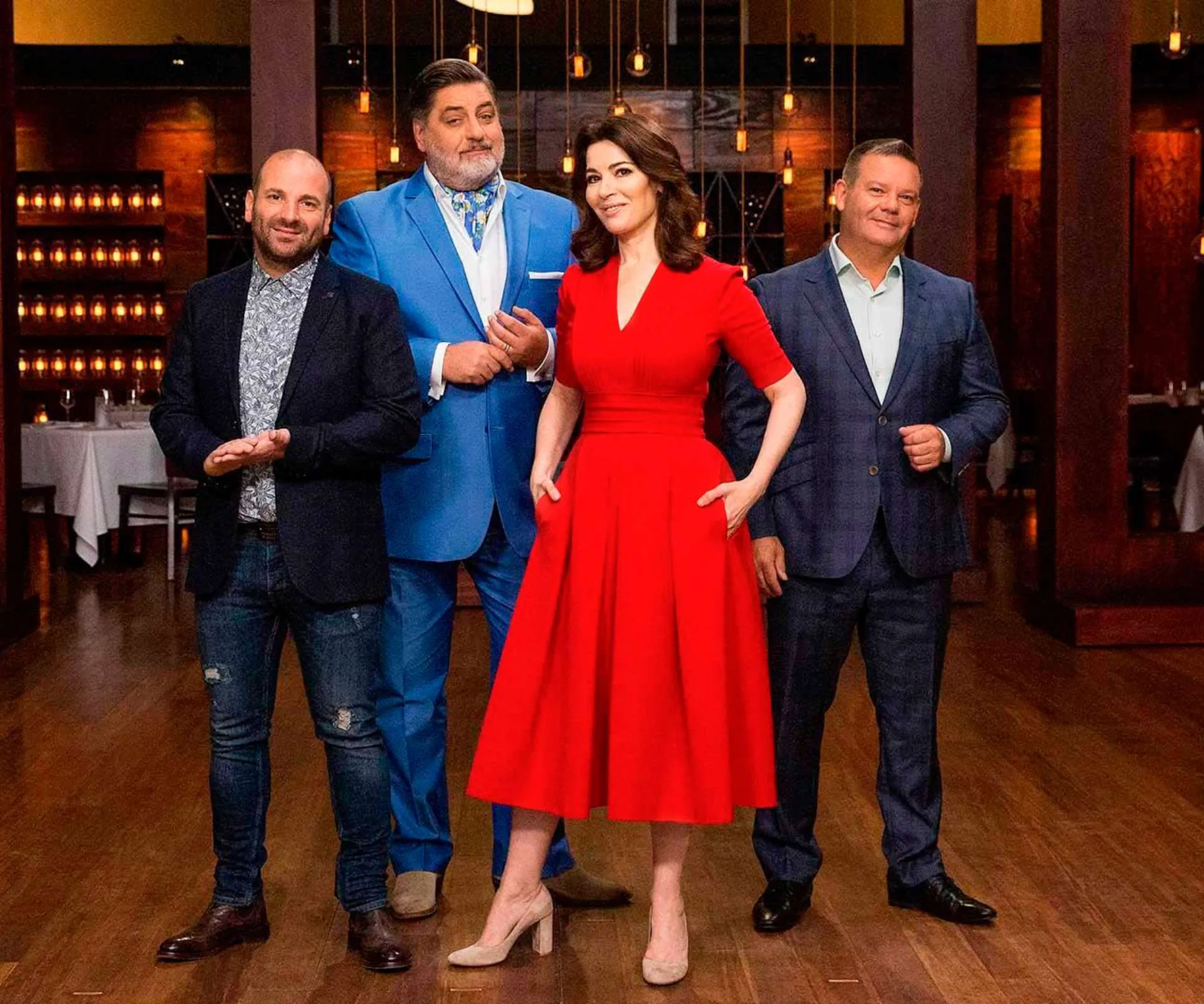 Nigella standing with the other MasterChef Australia judges