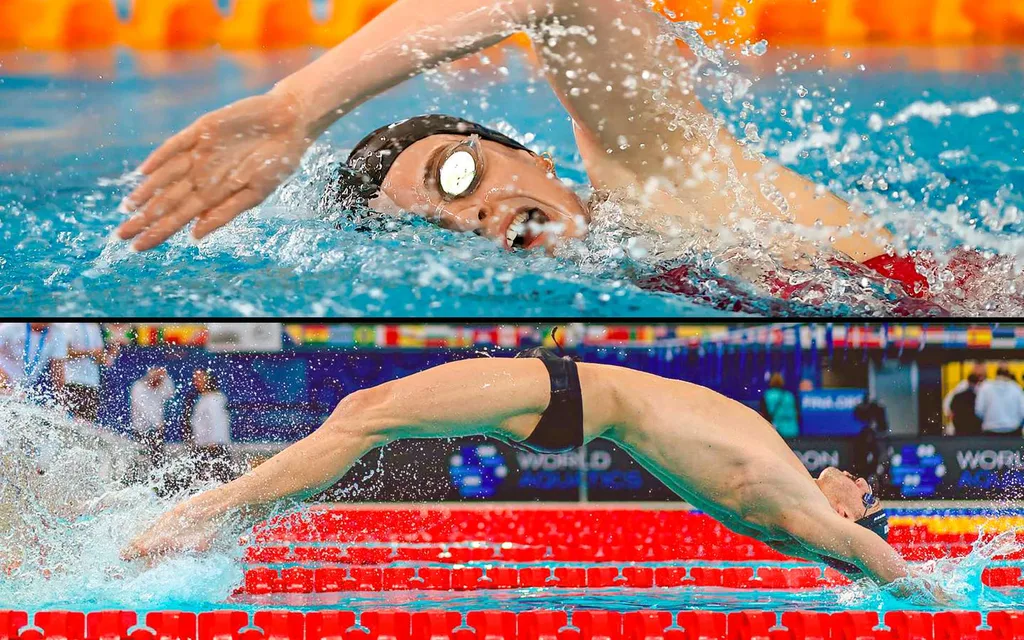 Two images edited together of Kane and Caitlin in action in the pool