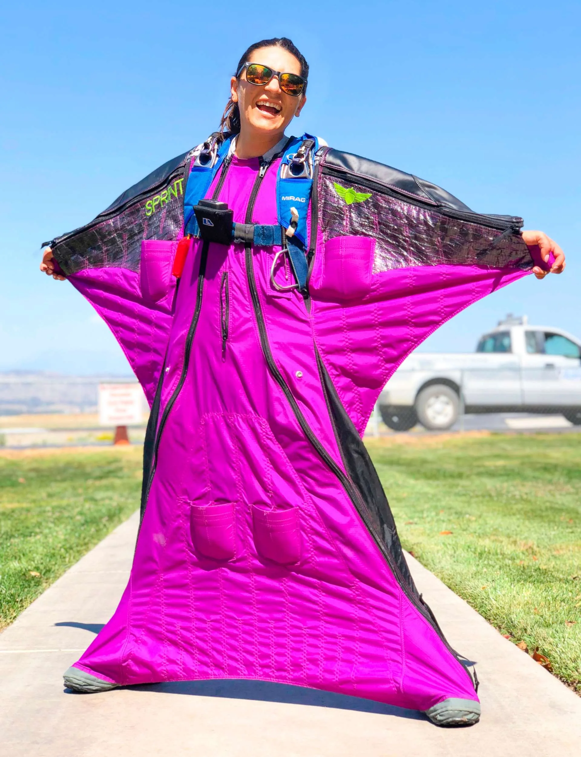 Sequoia wearing a purple 'squirrel suit' prepared for her extreme sports