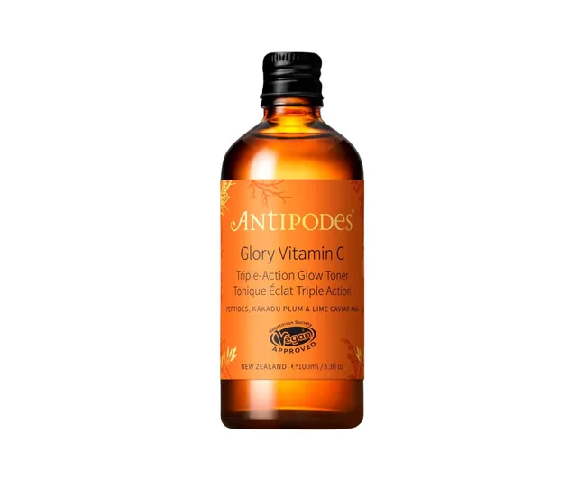 Bottle of Antipodes Glory Vitamin C Triple-Action Glow Toner with vegan label, 100ml size.