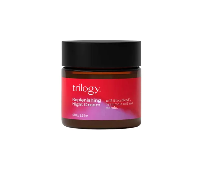 Trilogy Replenishing Night Cream jar with black lid, 60ml, featuring Glycablend, hyaluronic acid, and marula.