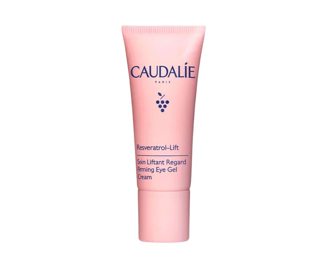Caudalie Resveratrol-Lift Firming Eye Gel Cream, pink tube with grape logo, 15 ml.