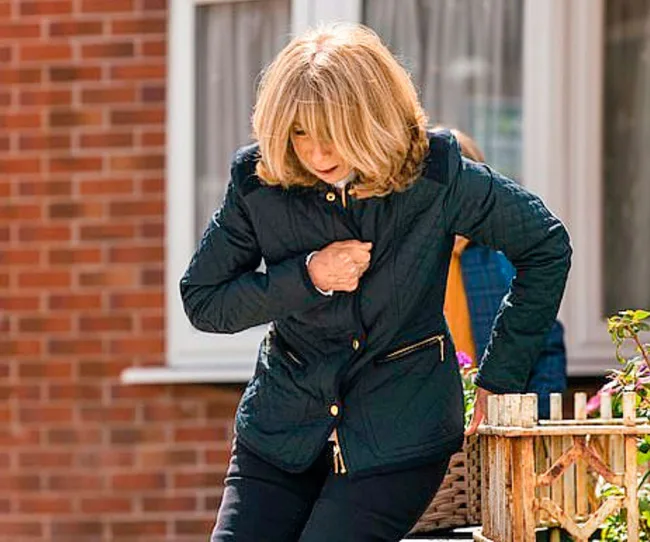 Helen Worth as Gail having a heart attack on Coronation Street