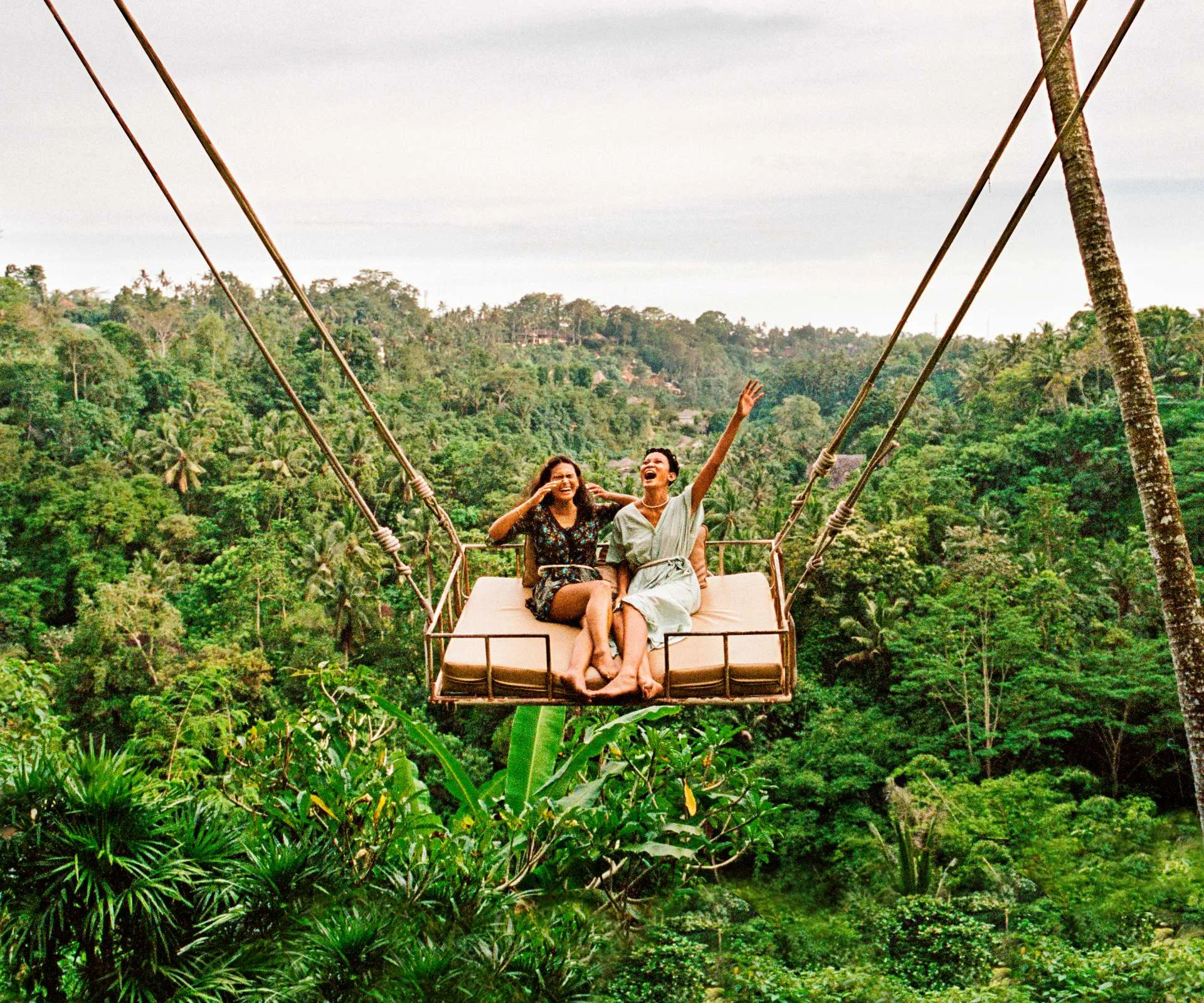 Two women swinging on a large swing over a forest at their holiday destination
