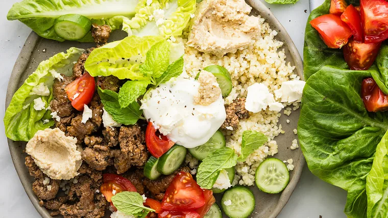Beef Mezze Plates with Spiced Bulgur Feta Hummus