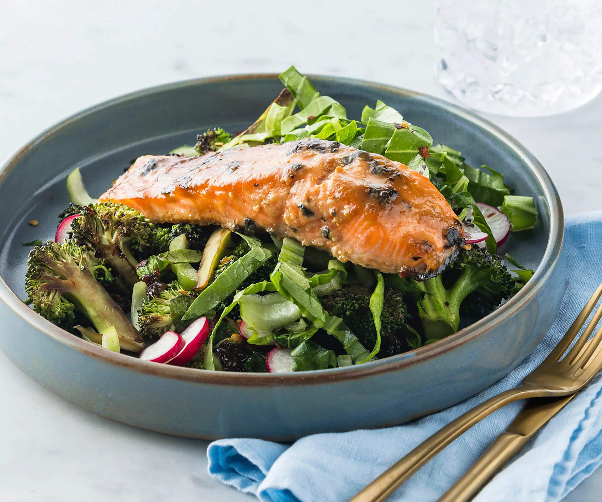 Miso Glazed Salmon Garlic Greens with Crunchy Ponzu Slaw