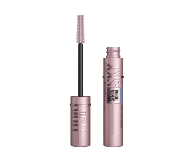 Maybelline Lash Sensational Sky High Mascara in a pink tube with wand detached, showcasing the brush.