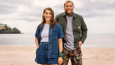 Celebrity Treasure Island hosts Lance and Bree on a beach