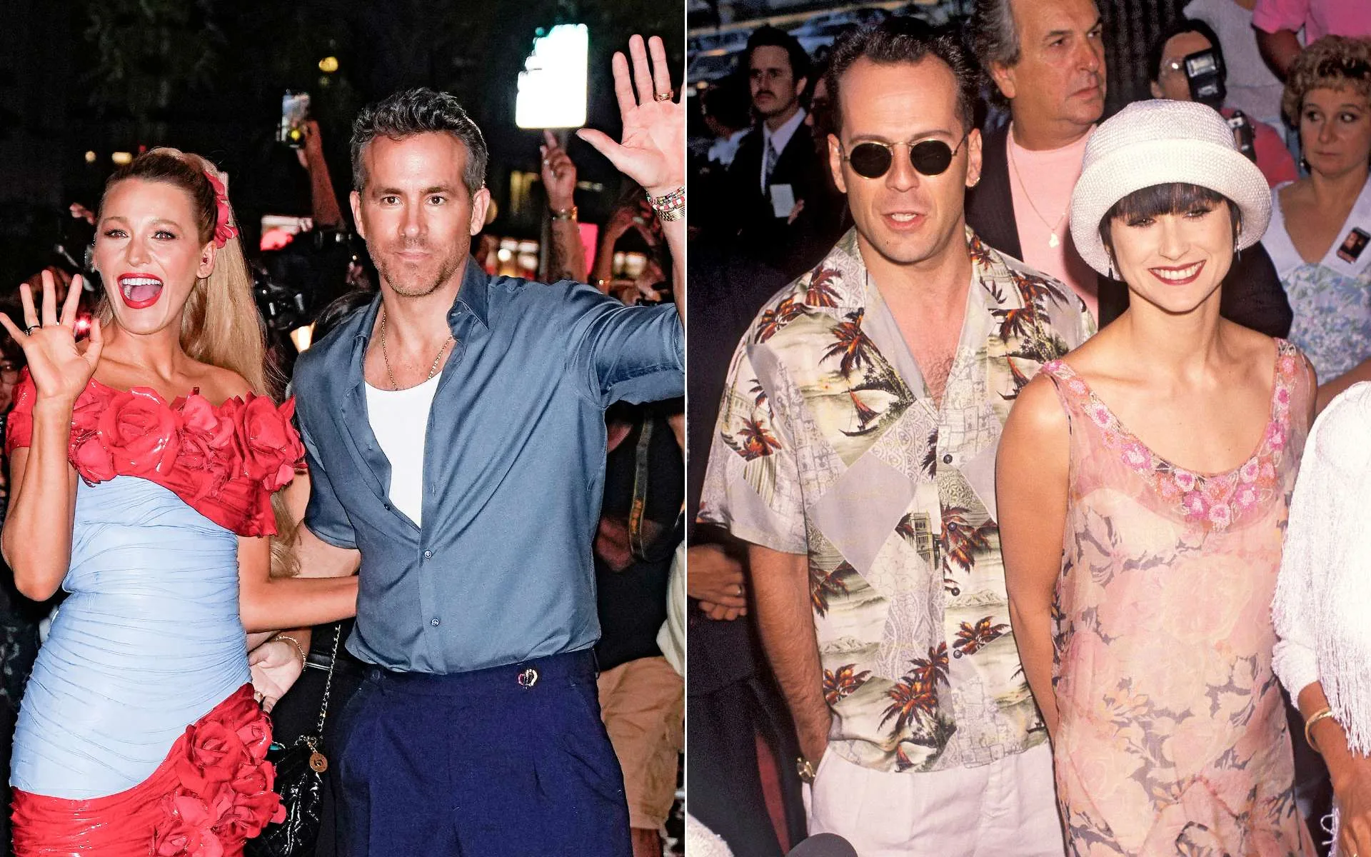 Side by side images of Blake lively with husband Ryan Reynolds, and Demi Moore with Bruce Willis
