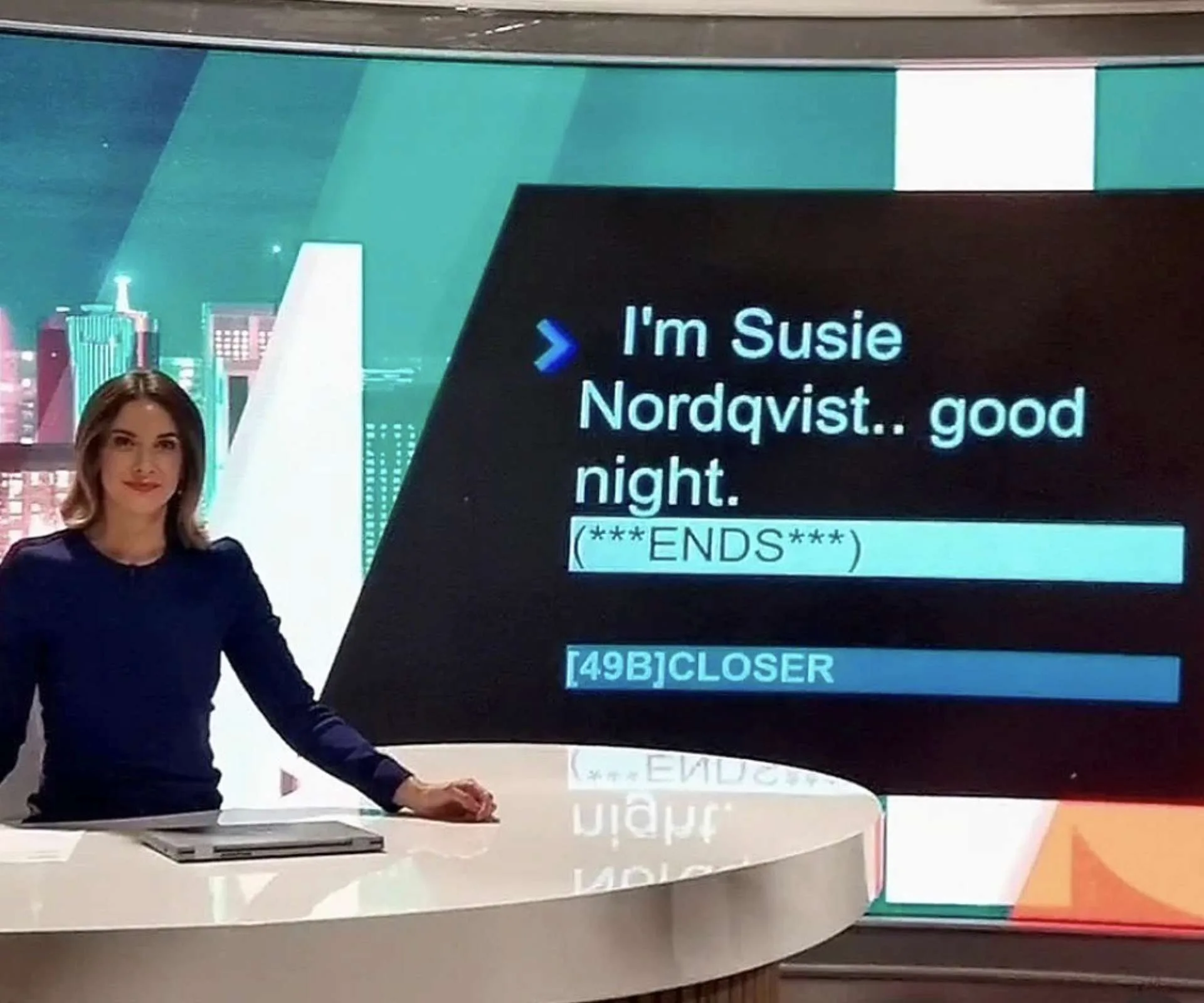 Susie Nordqvist at the Newshub desk on her final broadcast