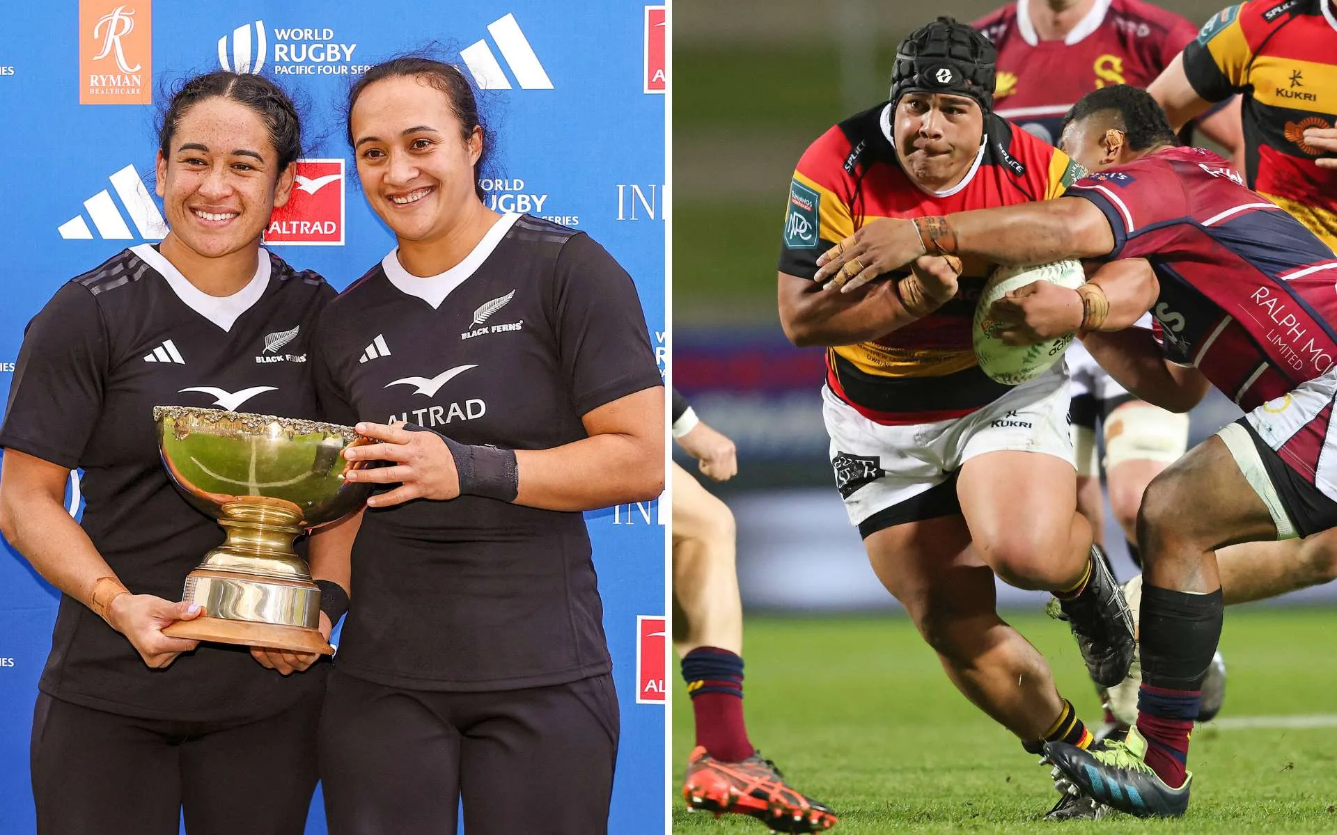 Kennedy with her co-captain after they won the world cup, and Solly in action for the Chiefs