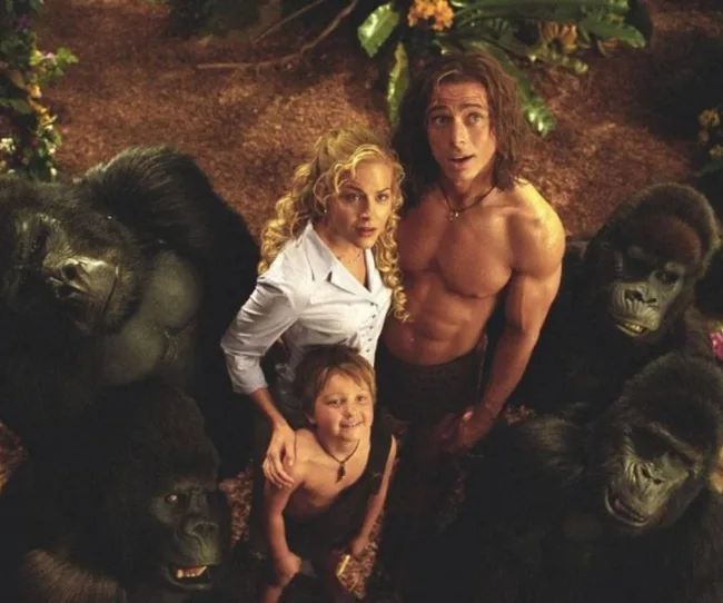 Birds eye view of George of the Jungle characters Ursula, George and George Jr