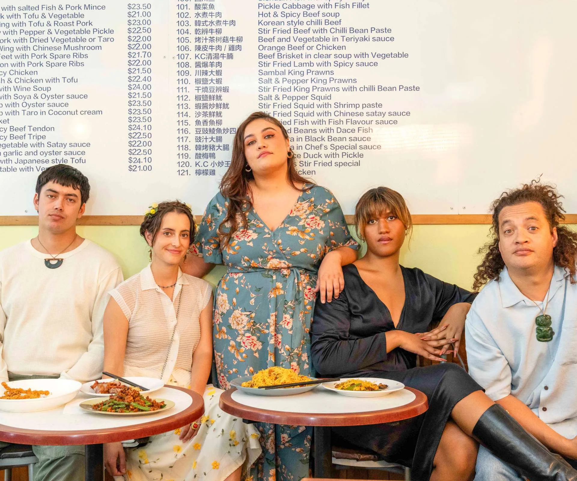 Manu Vaea with the rest of the Not Even cast in a fish and chip shop