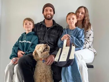 Hannah Whitehead with husband Dylan, daughter Frankie and son Leo, with their dog sitting in front