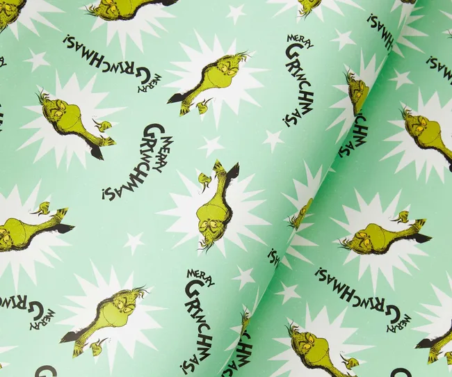 Turquoise Christmas wrapping paper with the Grinch's face all over it