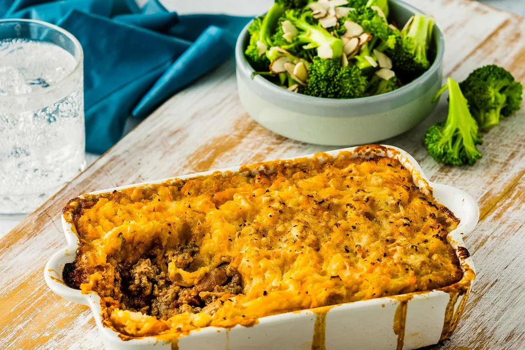 Ready Made Loaded Beef Pot Pie with Golden Veggie Top & Almond Broccoli