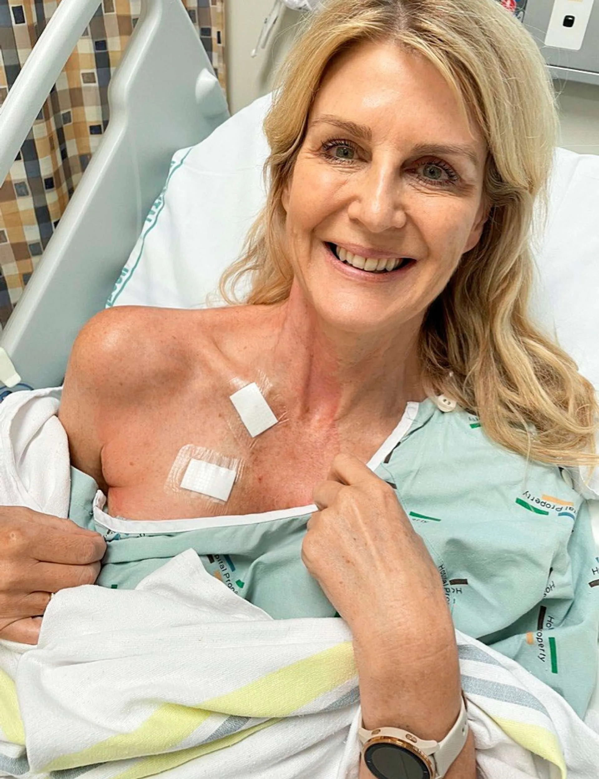 Caro McCourtie in a hospital bed