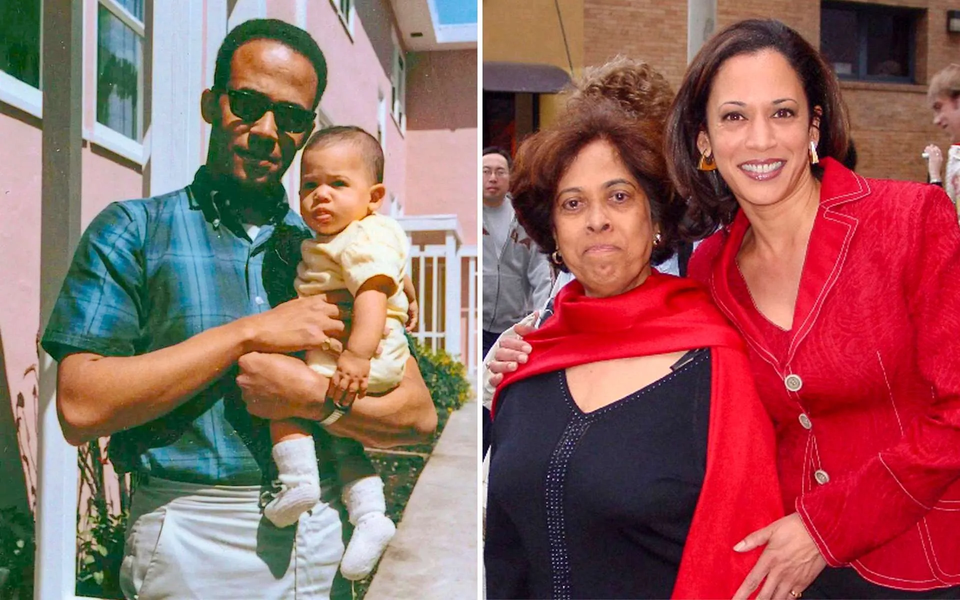 Two images side-by-side of Kamala with each of her parents