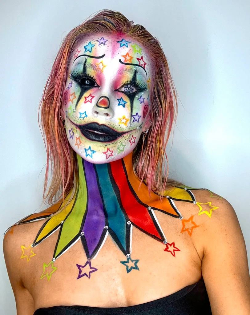 Alyshia with halloween clown makeup over face and down her neck