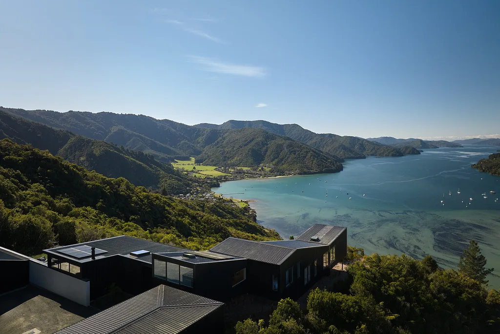 Drone shot of the Anakiwa home with the Queen Charlotte Sound