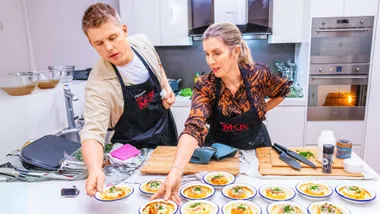 MKR teammates Caz and Fergus in the kitchen