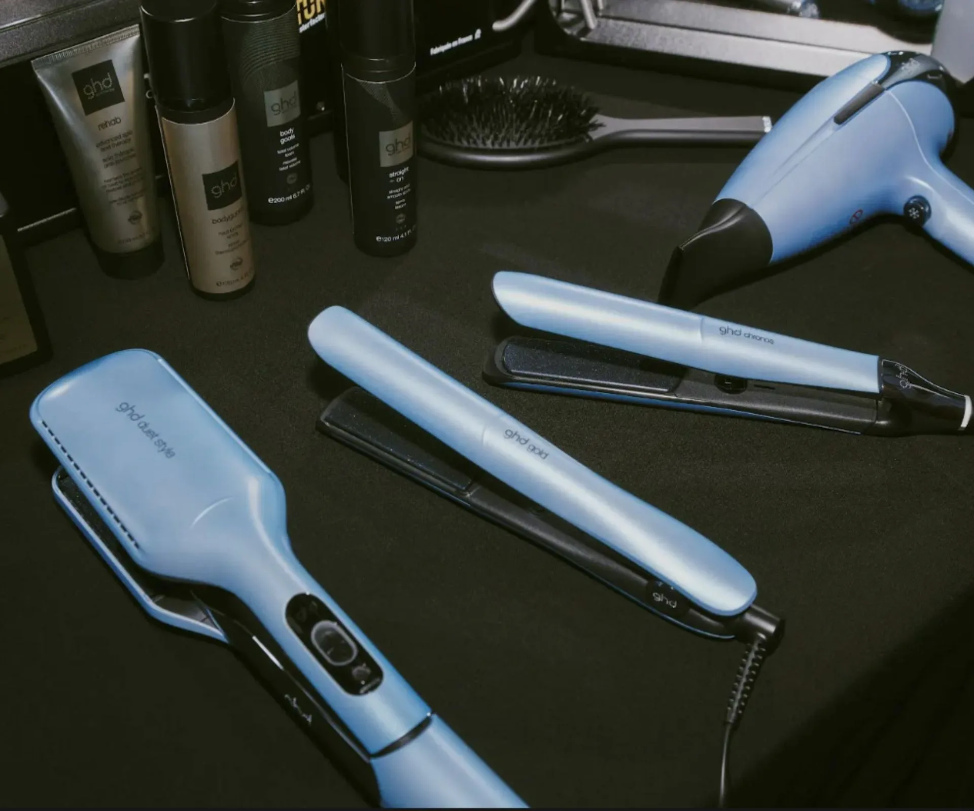 A selection of blue ghd hair tools 