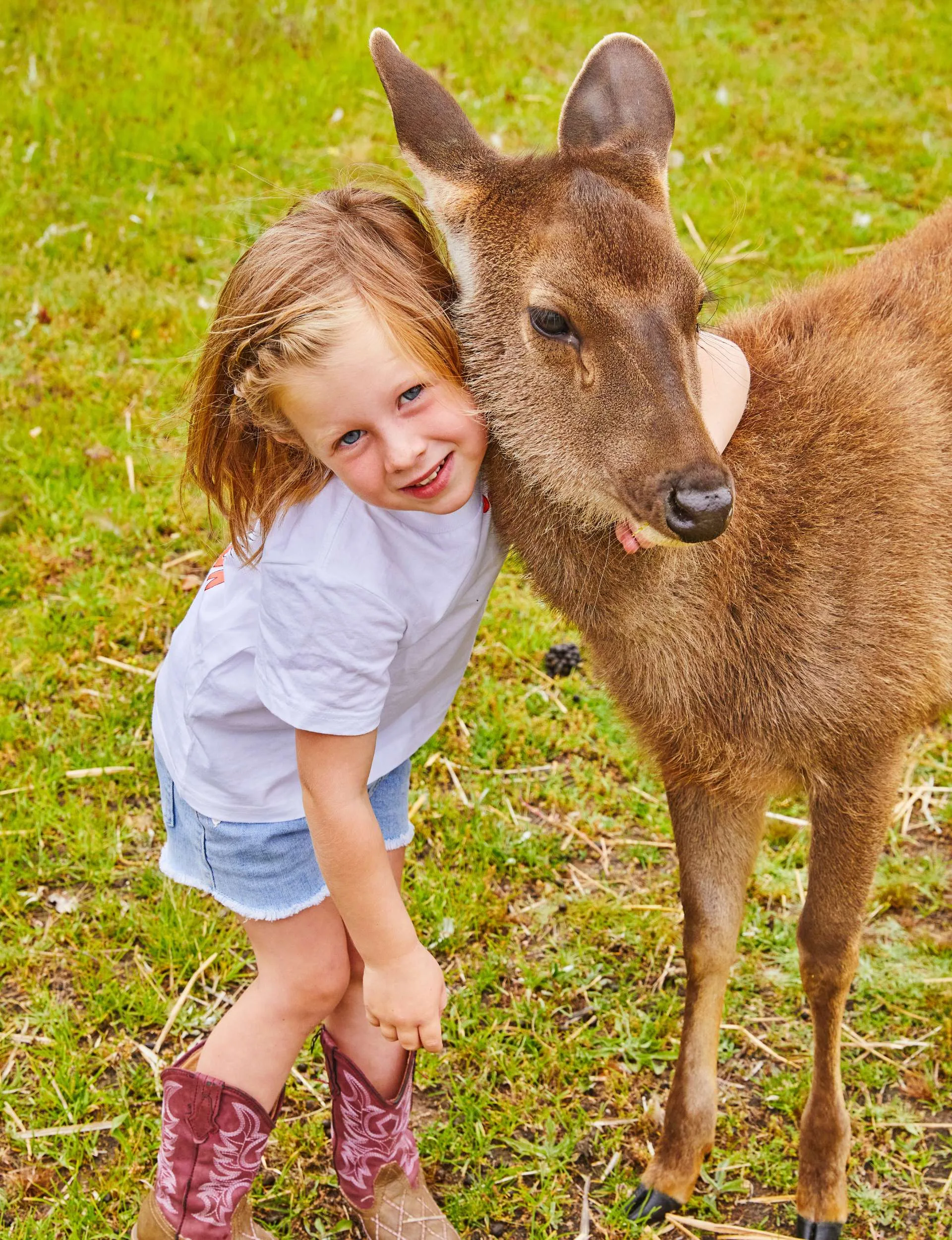 Ashlee with her arm around a baby deer's neck