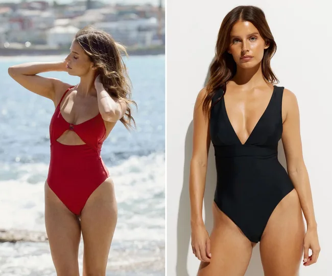 Side by side of Dazie swimwear, one red, one black